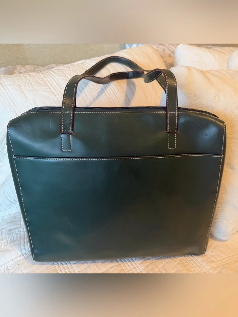 Lodis Audrey Forest Green Leather Laptop Tote with Scarf 14x13